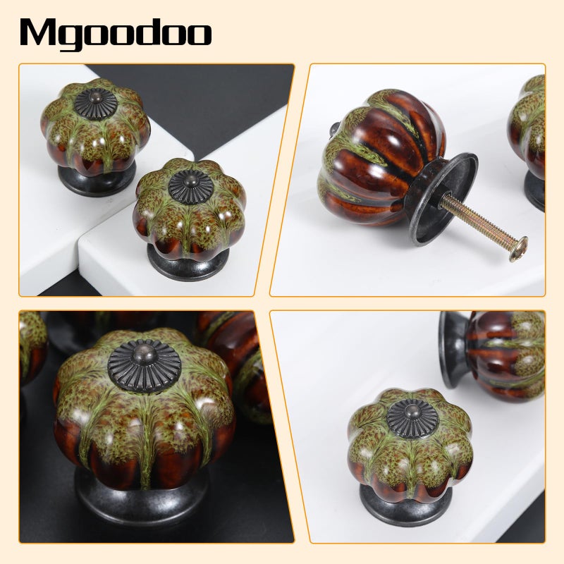 Mgoodoo 10pcs Green Pumpkin Drawer Knobs, Decorative Ceramic Handle Vintage Dresser Pull with Leopard Print for Kitchen Cabinet Door Cupboard Closet Single Hole - Image 3